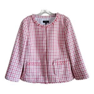 TALBOTS Women Petite 12 12P Blazer Jacket Pink White Houndstooth Fringe Trim 38"